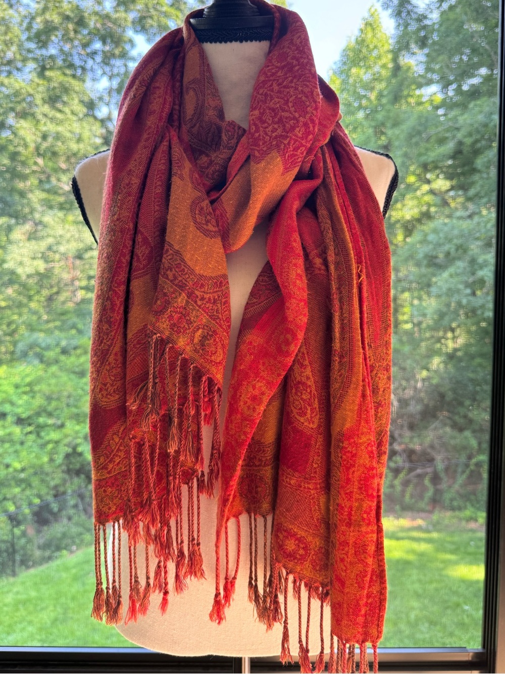 Oversized Paisley Fringe Wrap Scarf Red Orange Gold